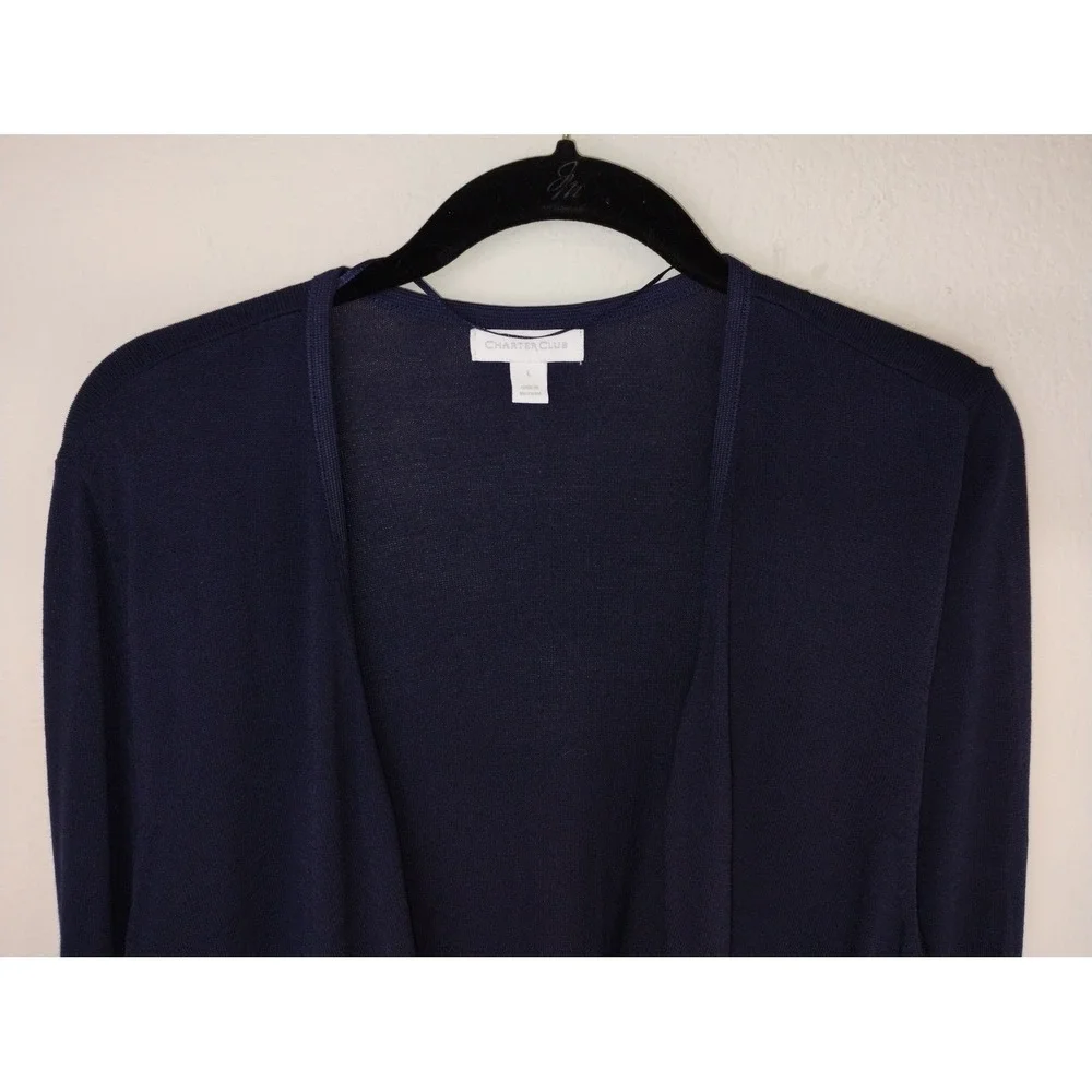 Charter Club‎ Womens Navy Blue Open Front Cardigan Crochet Trim Size Large